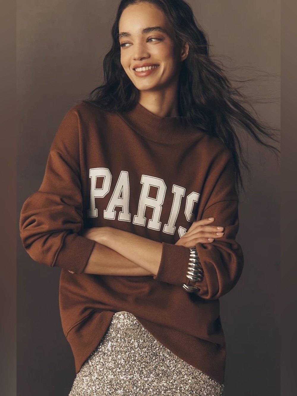 Anthropologie Brown Crewneck Sweatshirt with White Paris Graphic